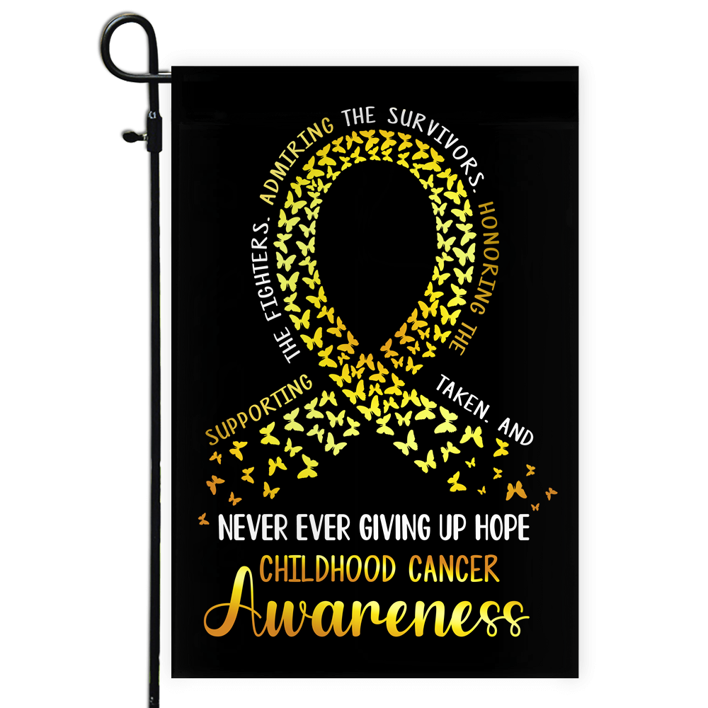 Childhood Cancer Awareness Flag Never Ever Giving Up Hope Gold Ribbon Butterfly Farmhouse Flag | Teecentury.com