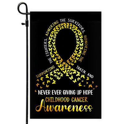Childhood Cancer Awareness Flag Never Ever Giving Up Hope Gold Ribbon Butterfly Farmhouse Flag | Teecentury.com