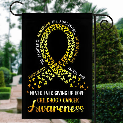 Childhood Cancer Awareness Flag Never Ever Giving Up Hope Gold Ribbon Butterfly Farmhouse Flag | Teecentury.com