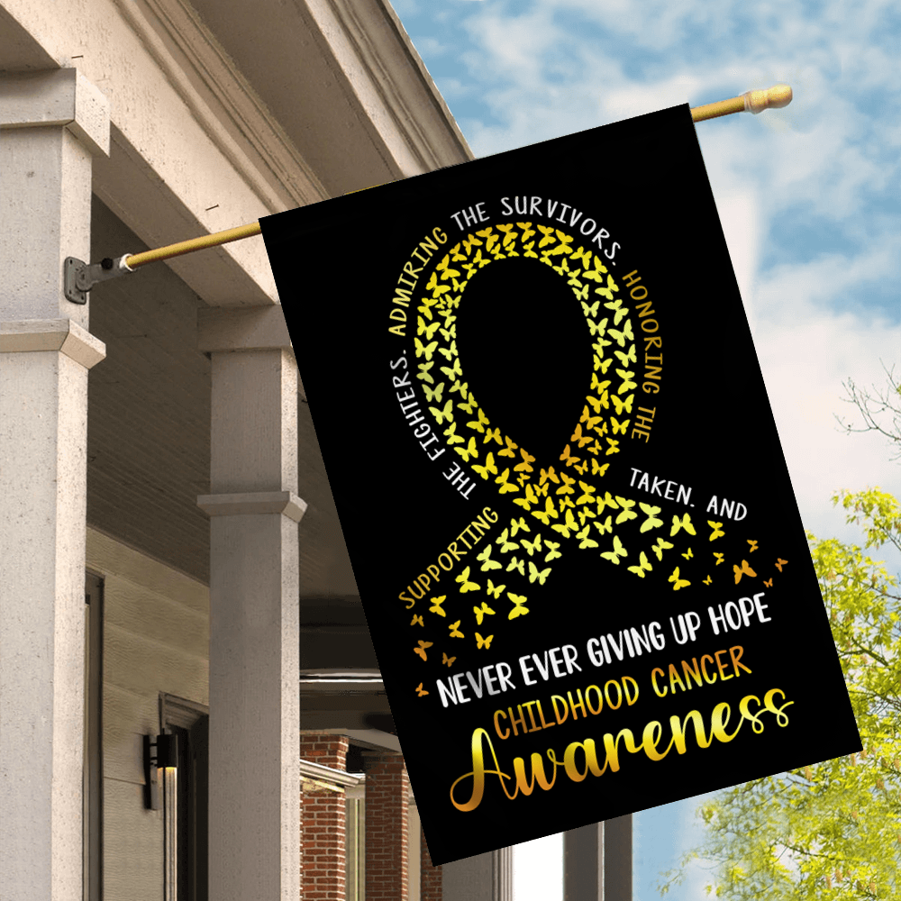 Childhood Cancer Awareness Flag Never Ever Giving Up Hope Gold Ribbon Butterfly Farmhouse Flag | Teecentury.com