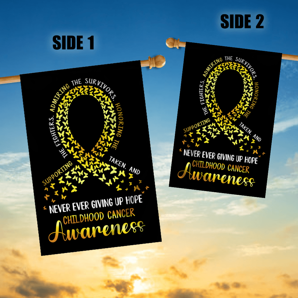 Childhood Cancer Awareness Flag Never Ever Giving Up Hope Gold Ribbon Butterfly Farmhouse Flag | Teecentury.com