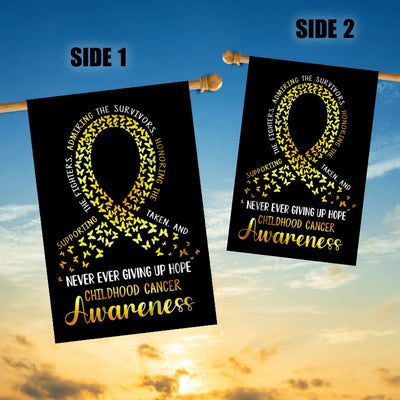 Childhood Cancer Awareness Flag Never Ever Giving Up Hope Gold Ribbon Butterfly Farmhouse Flag | Teecentury.com