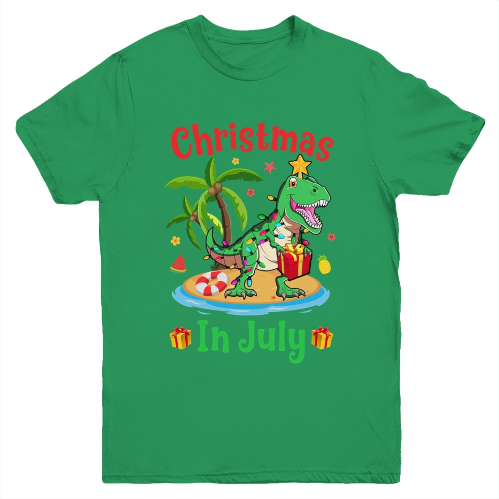 Christmas In July Dinosaur Xmas Tree T Rex Summer Vacation Youth Shirt | teecentury