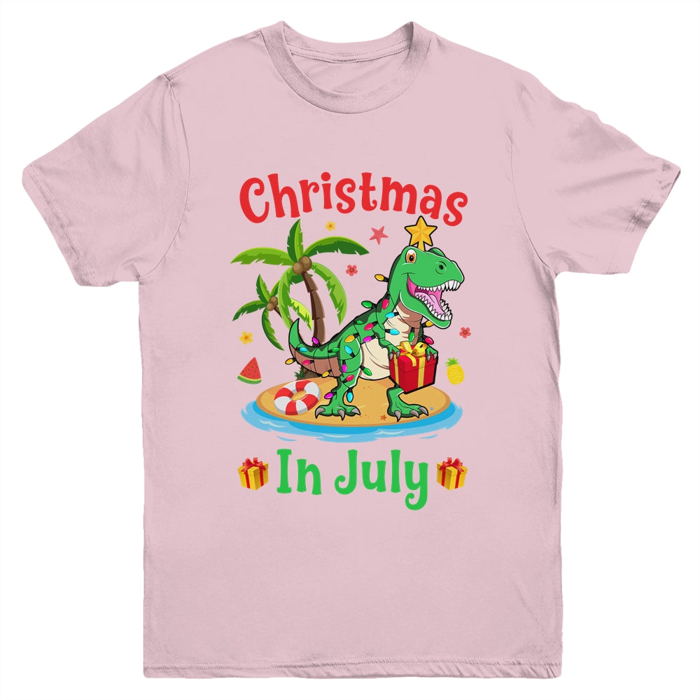 Christmas In July Dinosaur Xmas Tree T Rex Summer Vacation Youth Shirt | teecentury