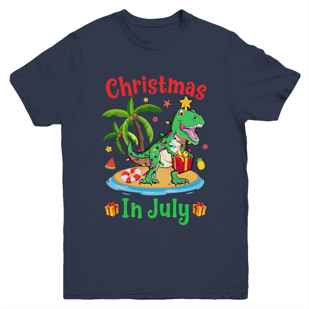 Christmas In July Dinosaur Xmas Tree T Rex Summer Vacation Youth Shirt | teecentury