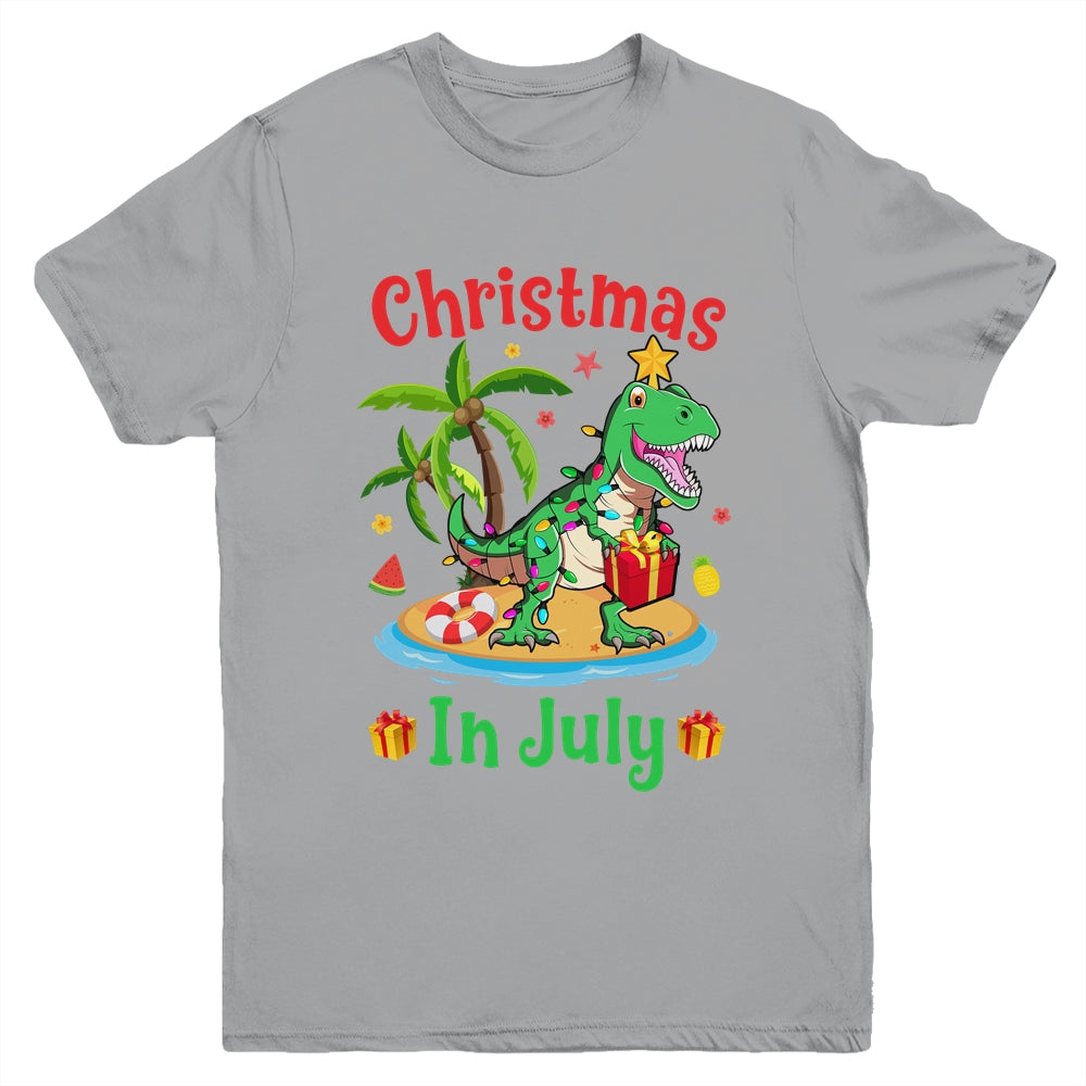 Christmas In July Dinosaur Xmas Tree T Rex Summer Vacation Youth Shirt | teecentury