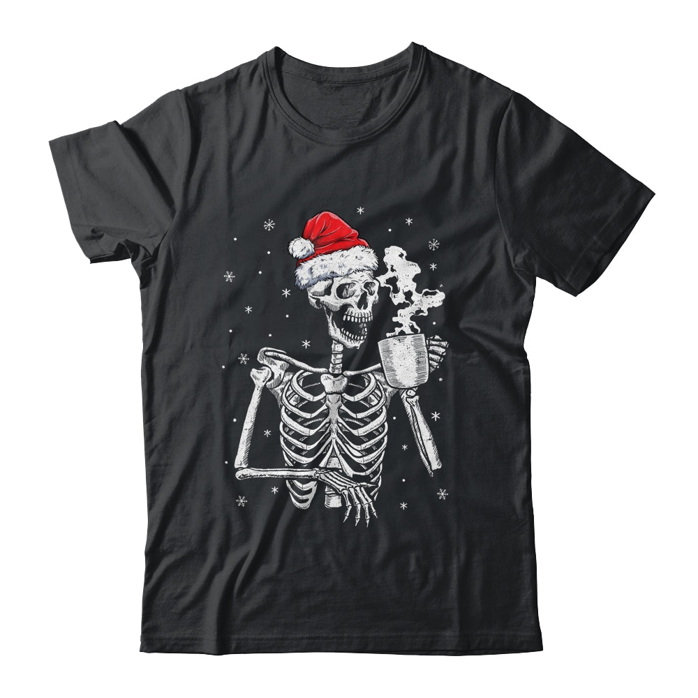 Coffee Drinking Skeleton Christmas Skull Santa Hat Xmas Shirt & Sweatshirt | teecentury