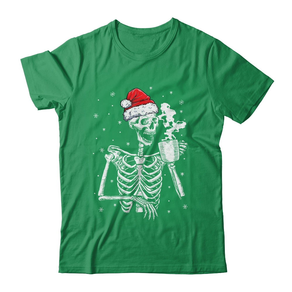Coffee Drinking Skeleton Christmas Skull Santa Hat Xmas Shirt & Sweatshirt | teecentury