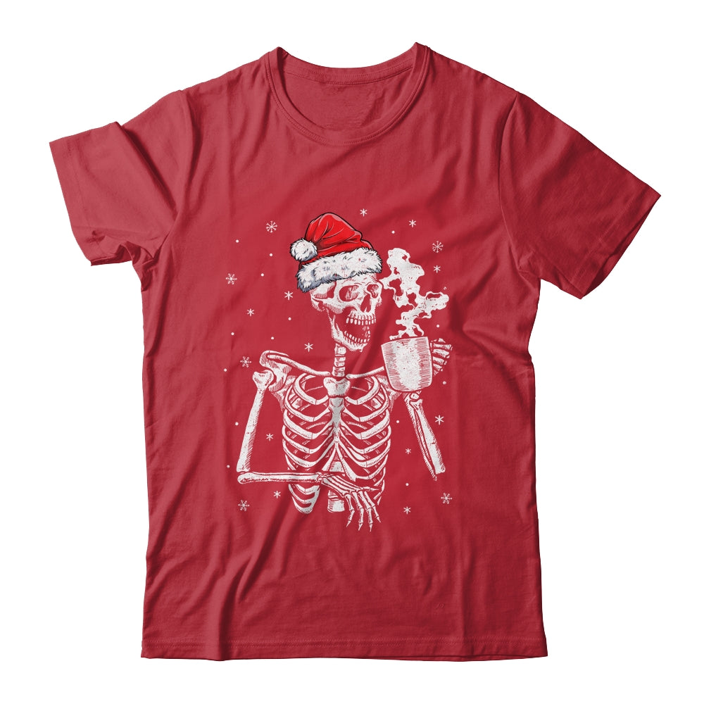 Coffee Drinking Skeleton Christmas Skull Santa Hat Xmas Shirt & Sweatshirt | teecentury