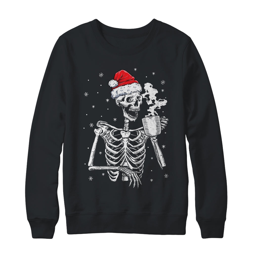 Coffee Drinking Skeleton Christmas Skull Santa Hat Xmas Shirt & Sweatshirt | teecentury