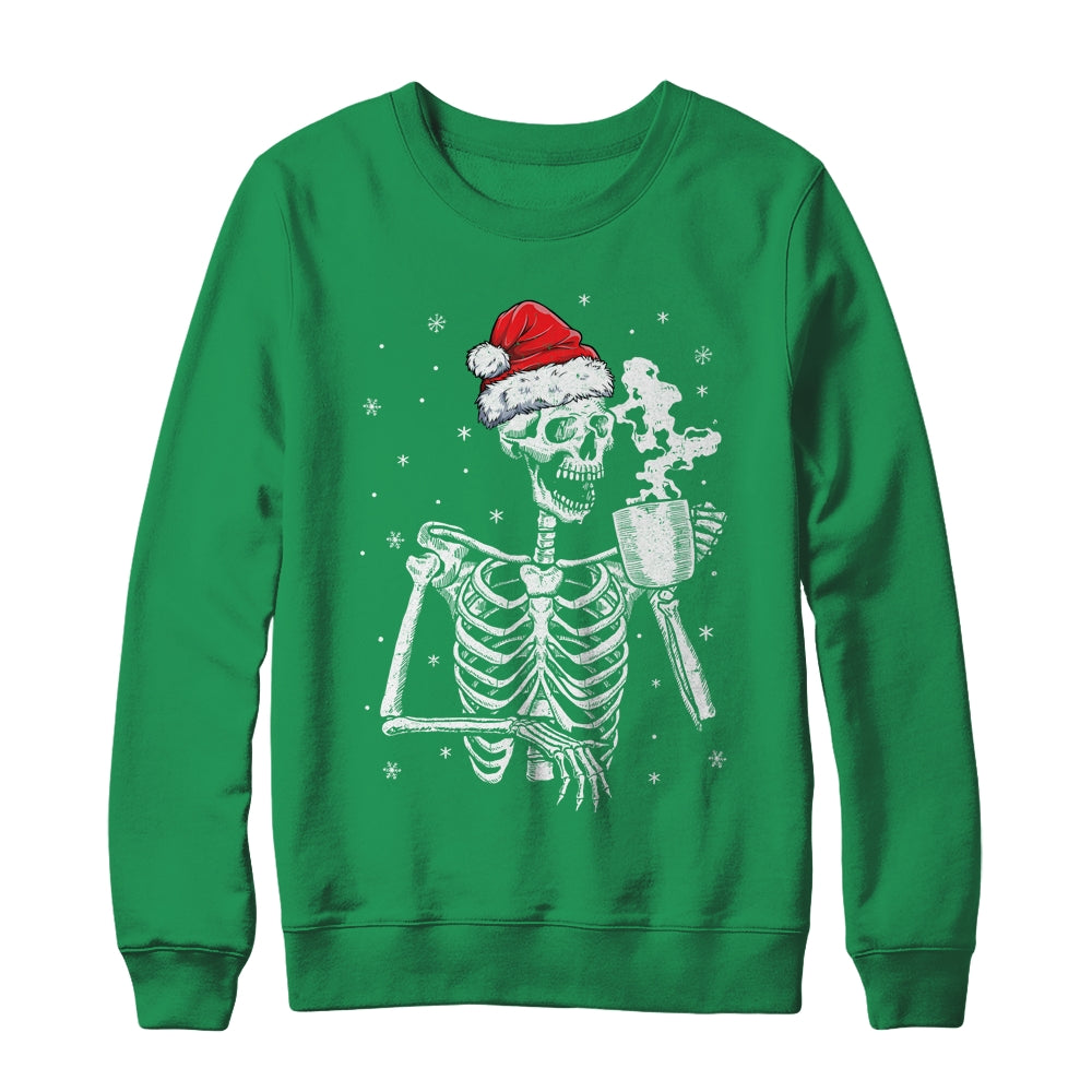 Coffee Drinking Skeleton Christmas Skull Santa Hat Xmas Shirt & Sweatshirt | teecentury