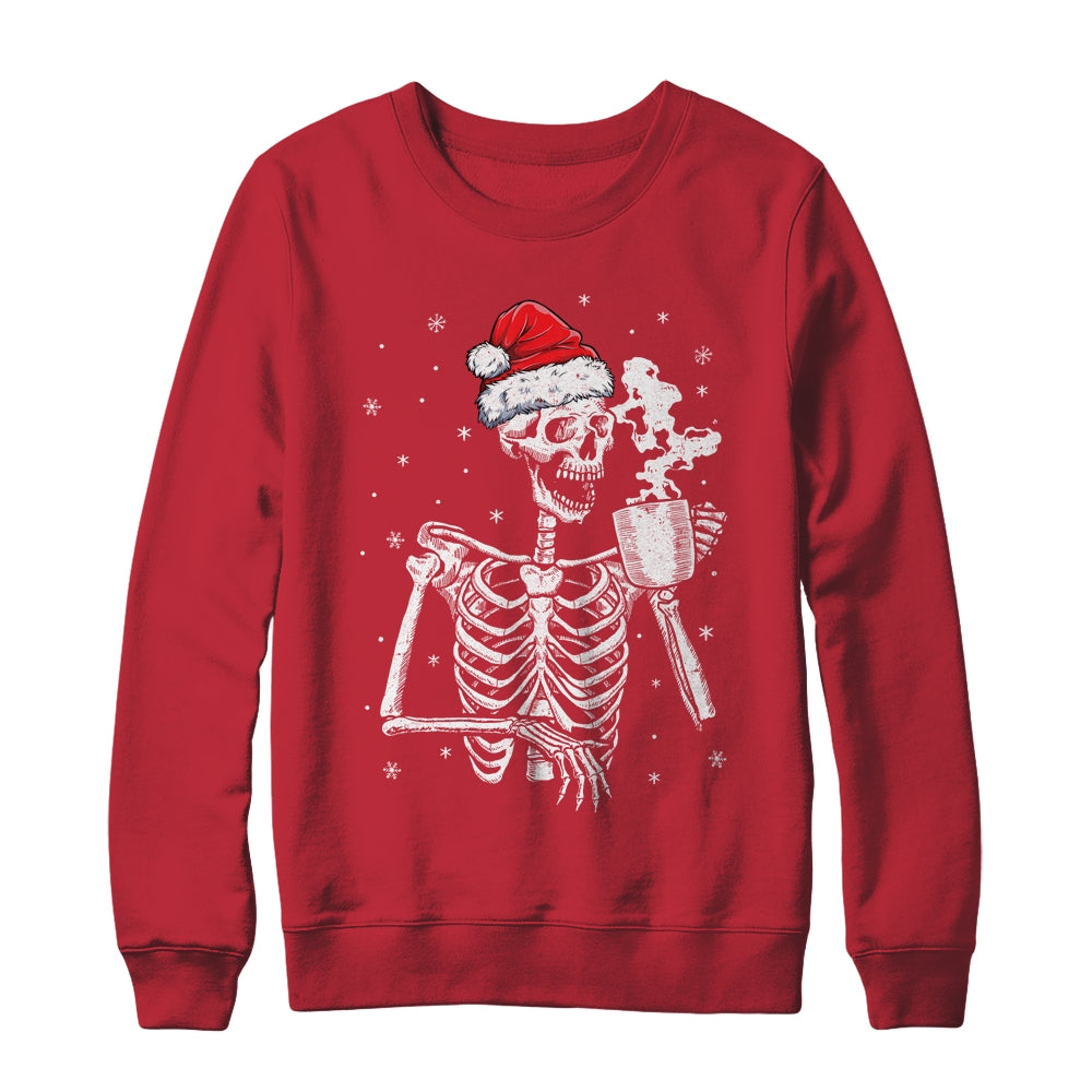 Coffee Drinking Skeleton Christmas Skull Santa Hat Xmas Shirt & Sweatshirt | teecentury