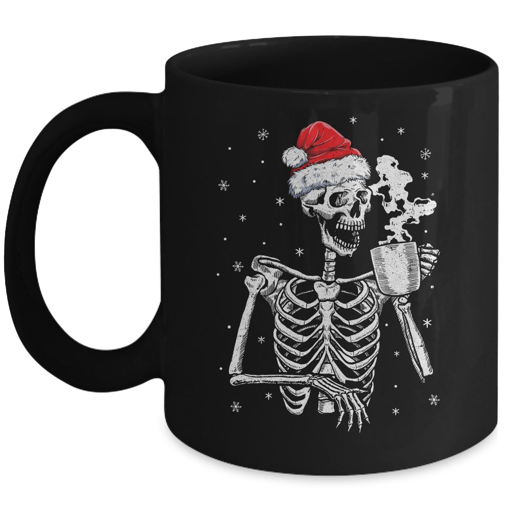 Coffee Drinking Skeleton Christmas Skull Santa Hat Xmas Mug | teecentury