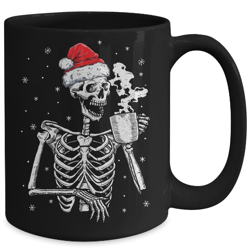 Coffee Drinking Skeleton Christmas Skull Santa Hat Xmas Mug | teecentury