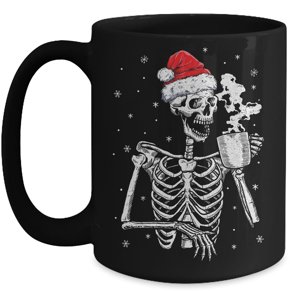 Coffee Drinking Skeleton Christmas Skull Santa Hat Xmas Mug | teecentury