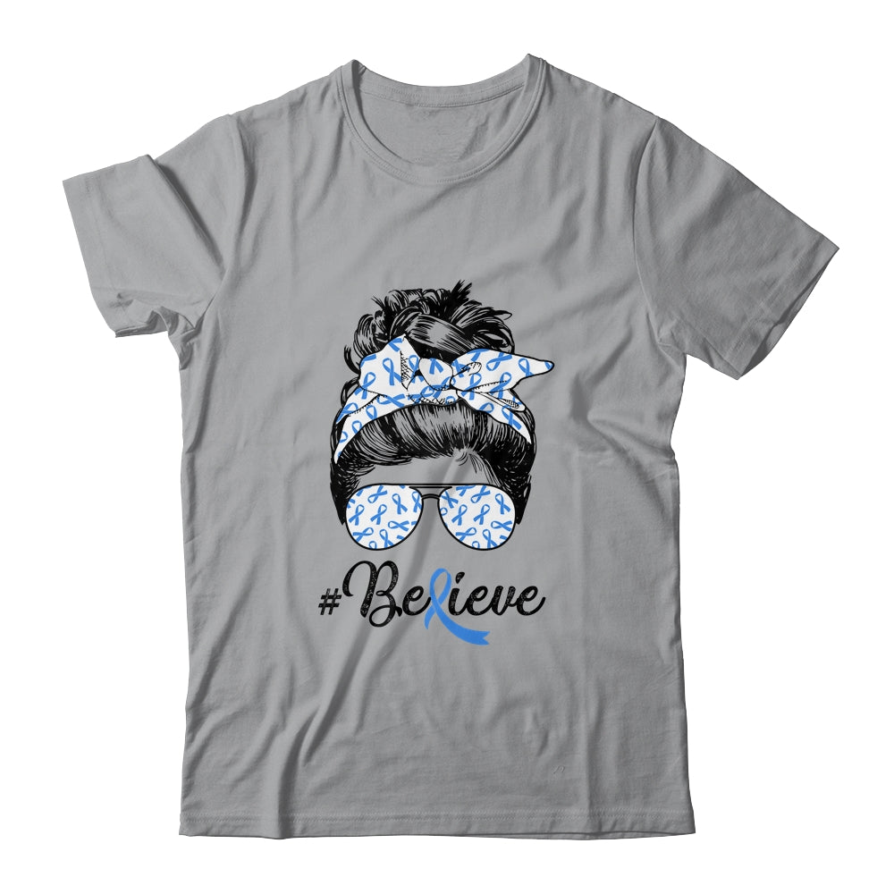Colon Cancer Awareness Messy Bun Warrior Believe Blue T-Shirt & Tank Top | Teecentury.com