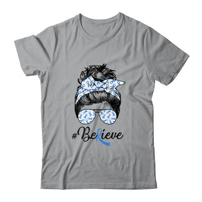 Colon Cancer Awareness Messy Bun Warrior Believe Blue T-Shirt & Tank Top | Teecentury.com