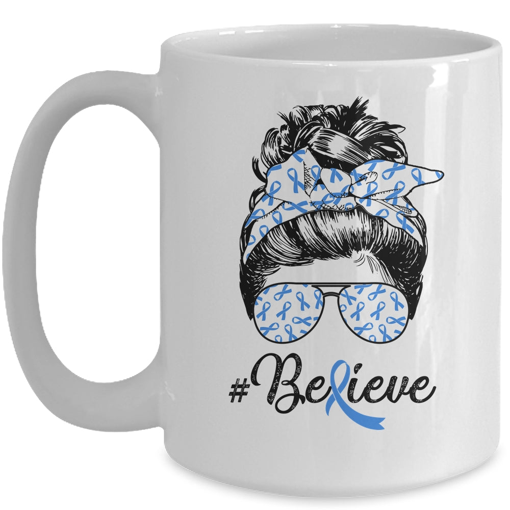 Colon Cancer Awareness Messy Bun Warrior Believe Blue Mug Coffee Mug | Teecentury.com