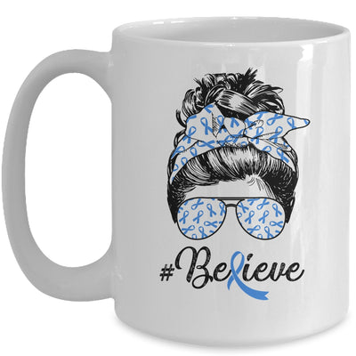 Colon Cancer Awareness Messy Bun Warrior Believe Blue Mug Coffee Mug | Teecentury.com