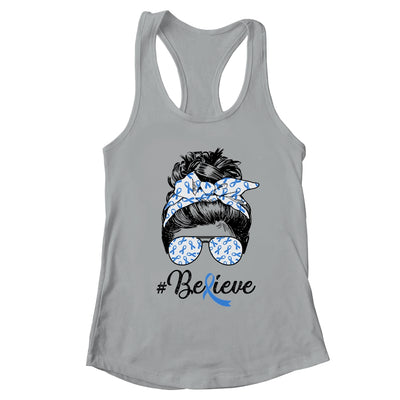 Colon Cancer Awareness Messy Bun Warrior Believe Blue T-Shirt & Tank Top | Teecentury.com