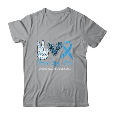 Colon Cancer Awareness Peace Love Cure Leopard T-Shirt & Hoodie | Teecentury.com