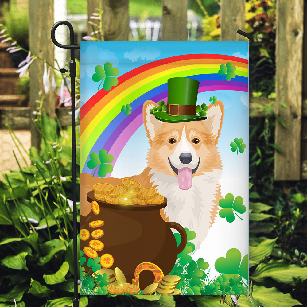 Corgi St Patrick's Day Dog Flag Funny Peeking Dog Wear Green Hat Golden Pot Coin Shamrock Rainbow Spring Banner for Home Decor | teecentury