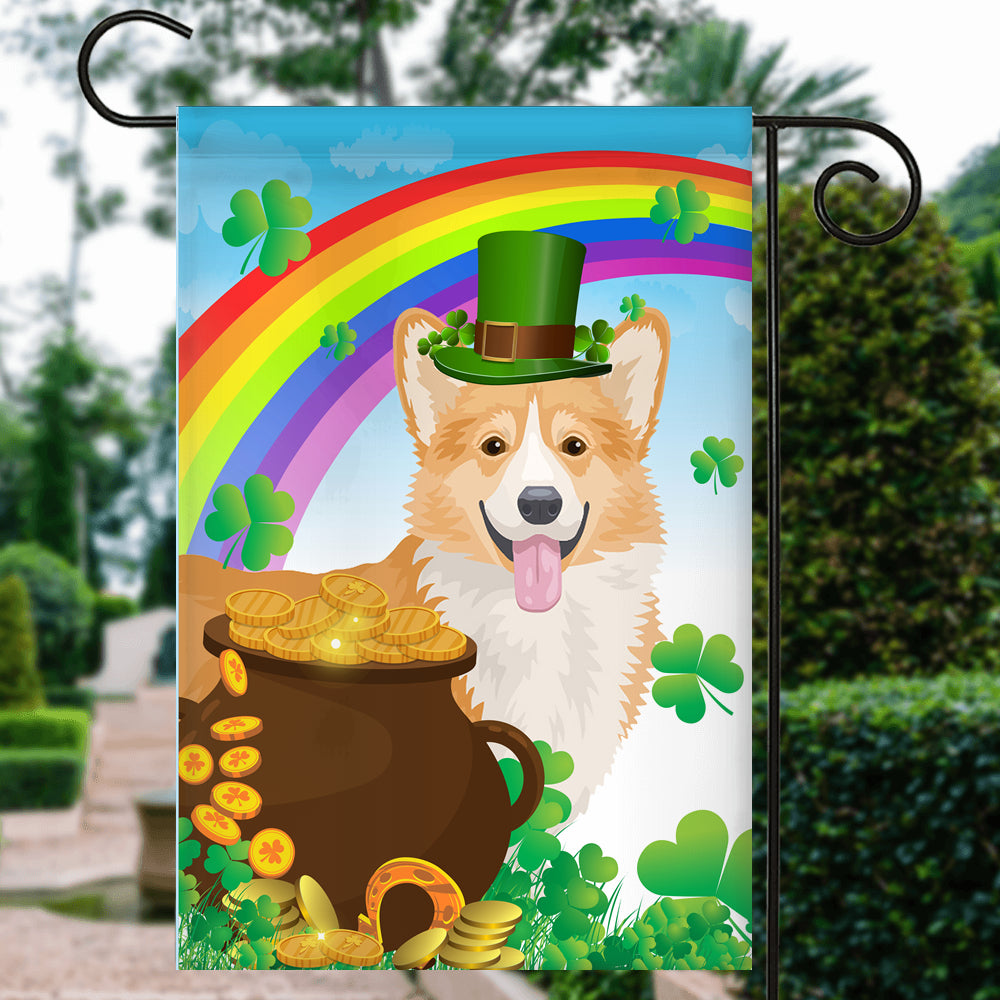 Corgi St Patrick's Day Dog Flag Funny Peeking Dog Wear Green Hat Golden Pot Coin Shamrock Rainbow Spring Banner for Home Decor | teecentury
