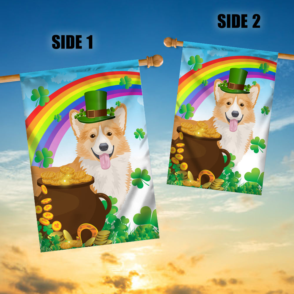 Corgi St Patrick's Day Dog Flag Funny Peeking Dog Wear Green Hat Golden Pot Coin Shamrock Rainbow Spring Banner for Home Decor | teecentury