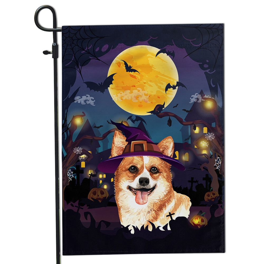 Corgi Witch Halloween Flag Castle Background For Dog Lover Home Flag | Teecentury.com