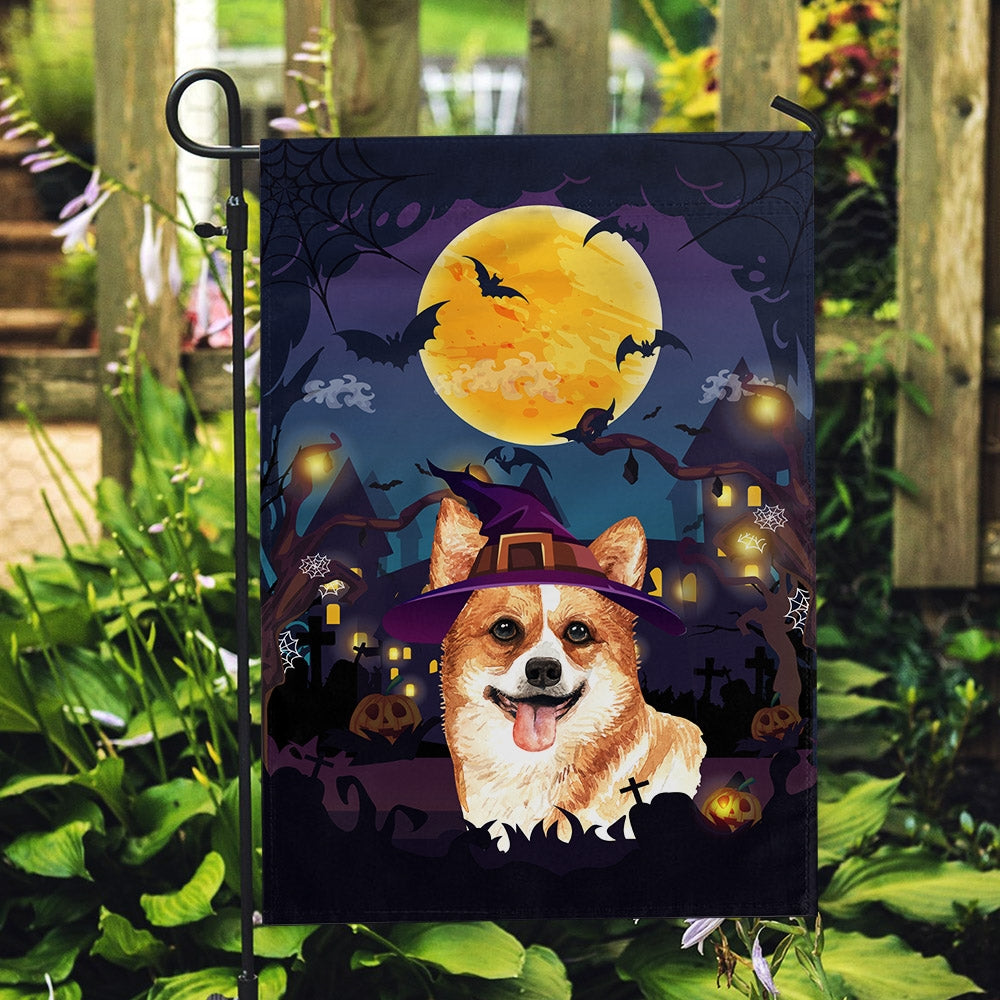 Corgi Witch Halloween Flag Castle Background For Dog Lover Home Flag | Teecentury.com