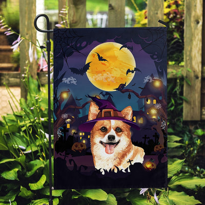 Corgi Witch Halloween Flag Castle Background For Dog Lover Home Flag | Teecentury.com