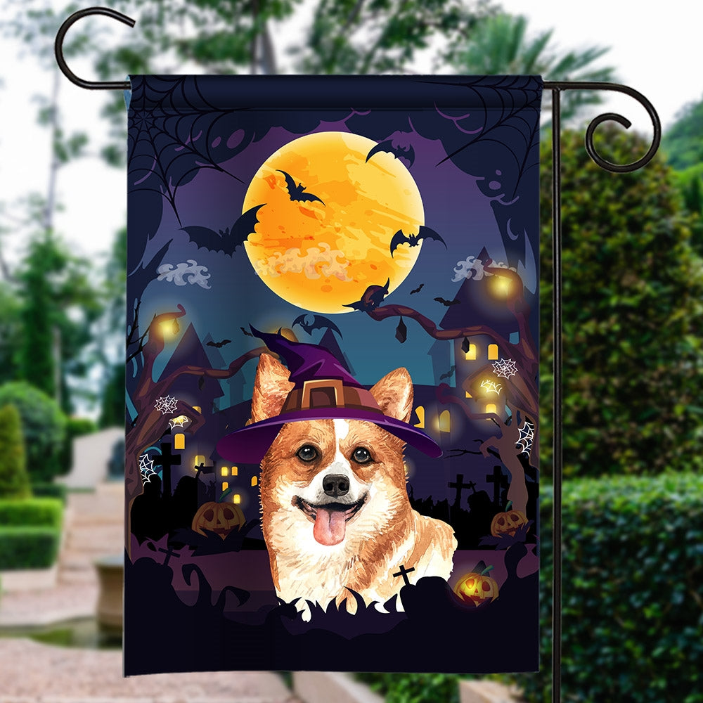Corgi Witch Halloween Flag Castle Background For Dog Lover Home Flag | Teecentury.com