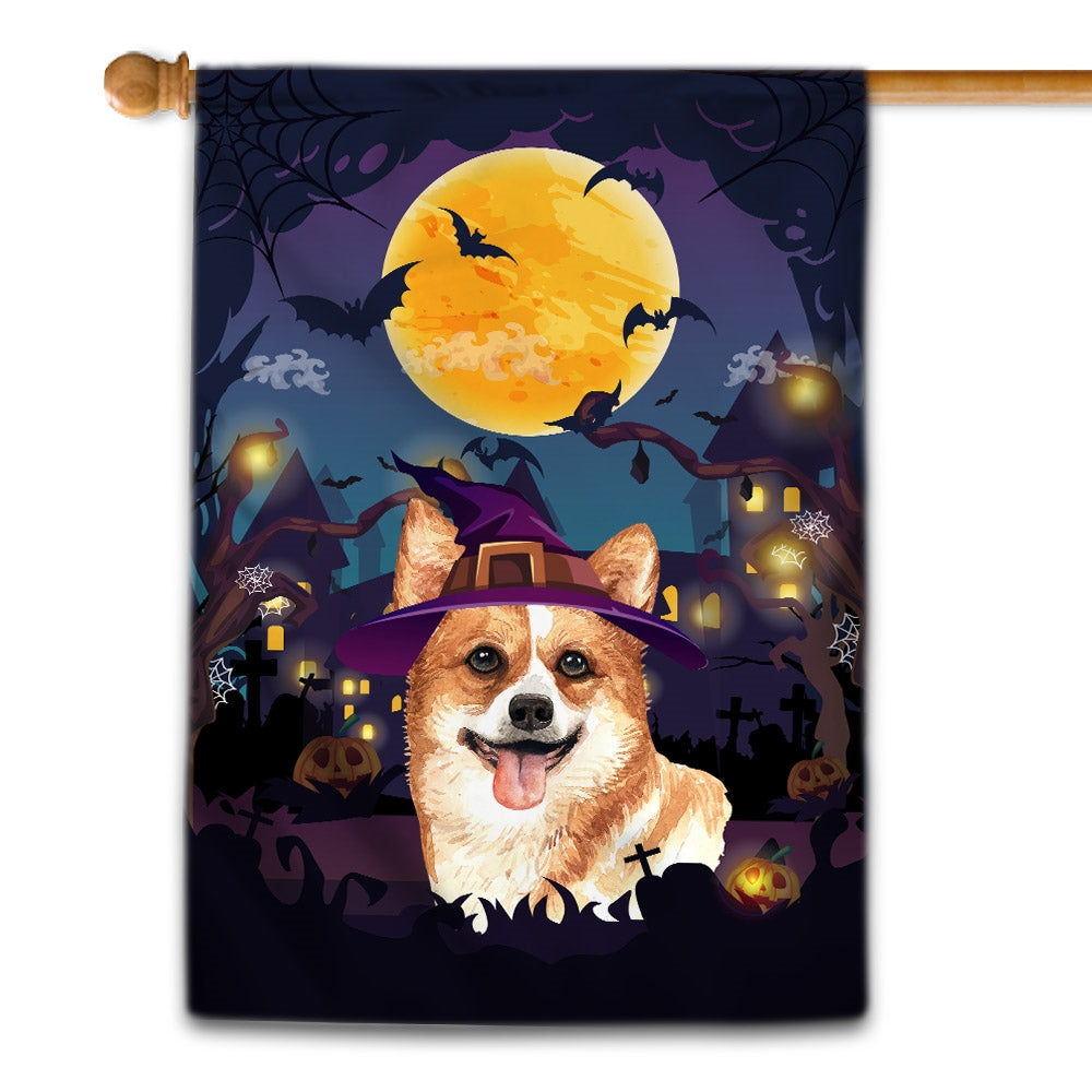 Corgi Witch Halloween Flag Castle Background For Dog Lover Home Flag | Teecentury.com