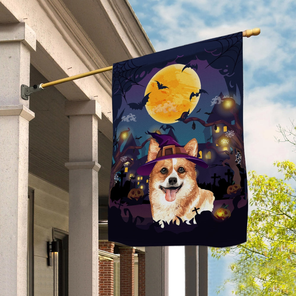 Corgi Witch Halloween Flag Castle Background For Dog Lover Home Flag | Teecentury.com