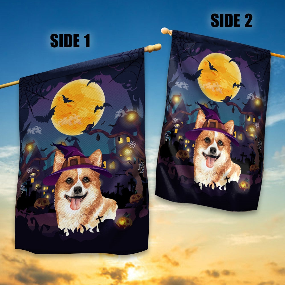 Corgi Witch Halloween Flag Castle Background For Dog Lover Home Flag | Teecentury.com