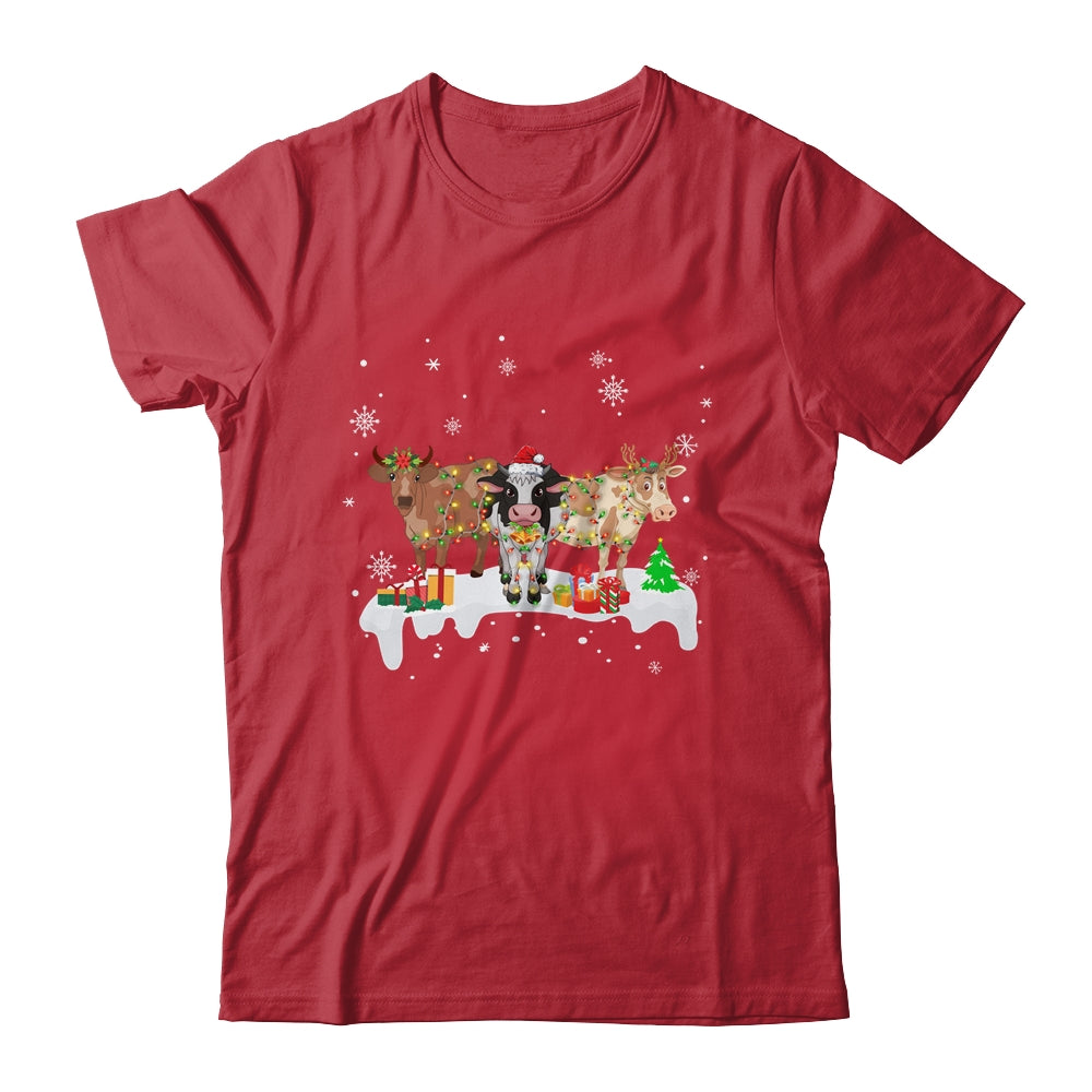 Cow Reindeer Santa Hat Christmas Light Funny Cows Lover Xmas Shirt & Sweatshirt | teecentury