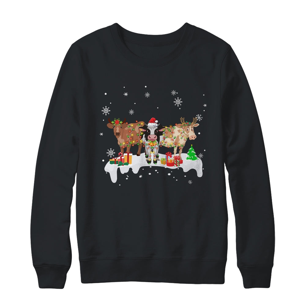 Cow Reindeer Santa Hat Christmas Light Funny Cows Lover Xmas Shirt & Sweatshirt | teecentury