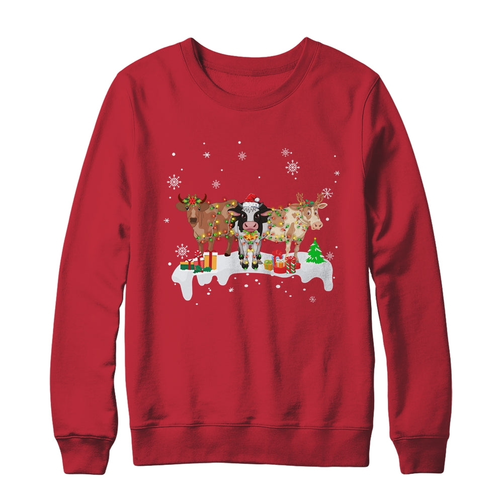 Cow Reindeer Santa Hat Christmas Light Funny Cows Lover Xmas Shirt & Sweatshirt | teecentury