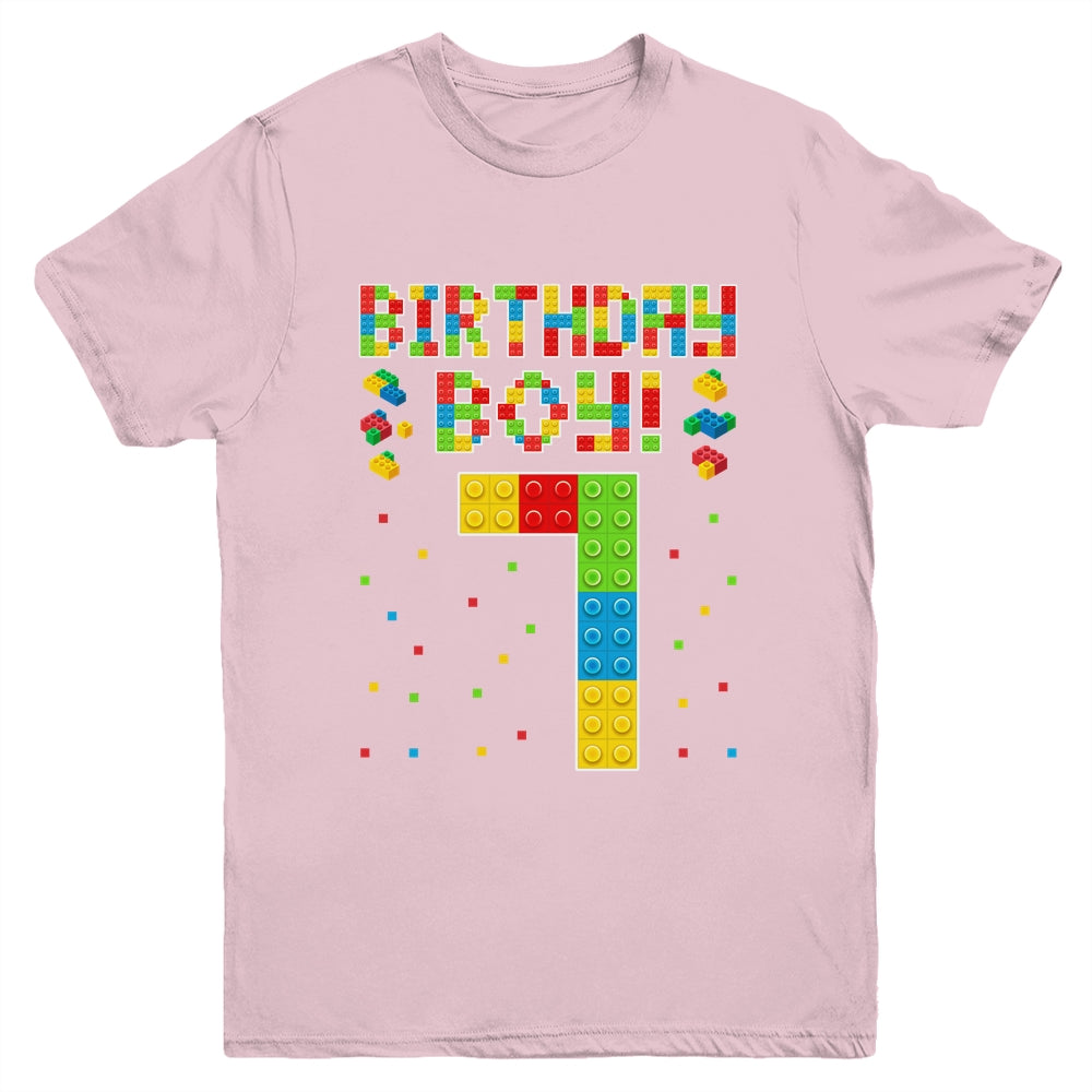 Cute 7th Birthday 7 Years Old Block Building Boys Lover Youth Shirt | teecentury