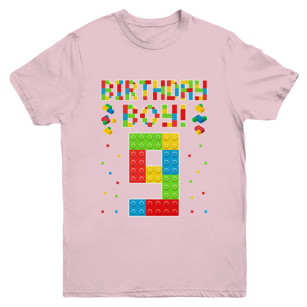 Cute 9th Birthday 9 Years Old Block Building Boys Lover Youth Shirt | teecentury