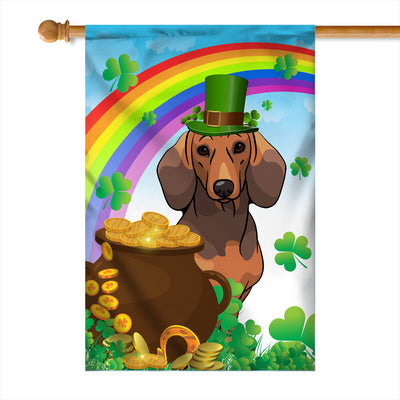 Dachshund St Patrick's Day Dog Flag Funny Peeking Dog Wear Green Hat Golden Pot Coin Shamrock Rainbow Spring Banner for Home Decor | teecentury