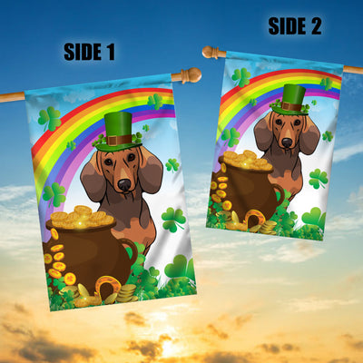 Dachshund St Patrick's Day Dog Flag Funny Peeking Dog Wear Green Hat Golden Pot Coin Shamrock Rainbow Spring Banner for Home Decor | teecentury