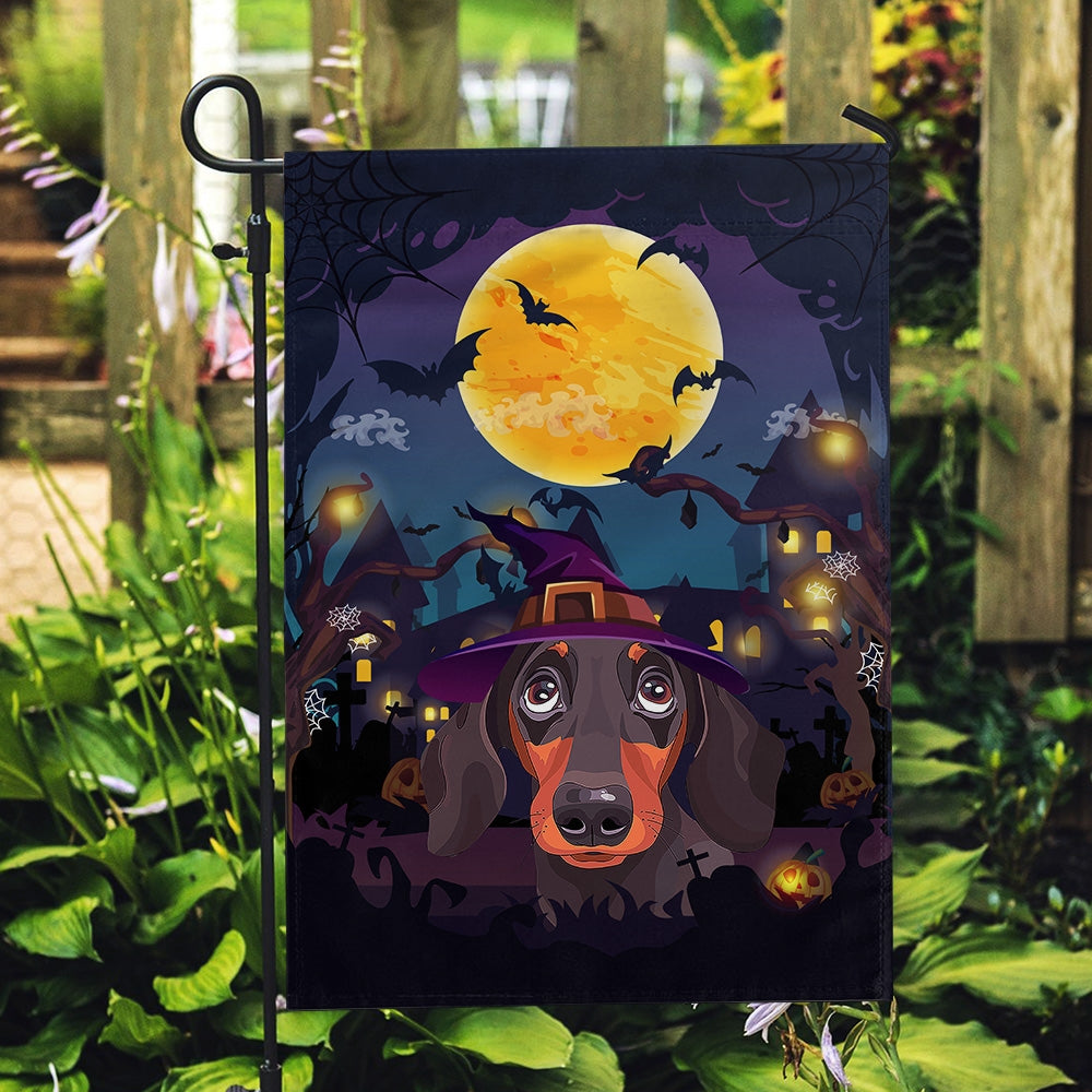 Dachshund Witch Halloween Flag Castle Background For Dog Lover Home Flag | Teecentury.com