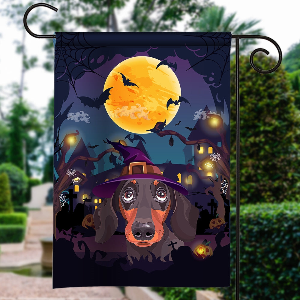 Dachshund Witch Halloween Flag Castle Background For Dog Lover Home Flag | Teecentury.com