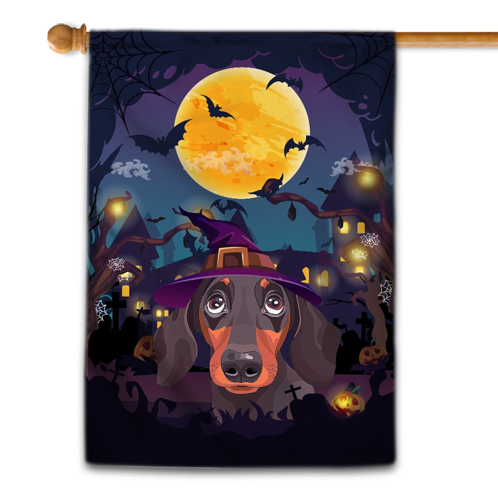 Dachshund Witch Halloween Flag Castle Background For Dog Lover Home Flag | Teecentury.com