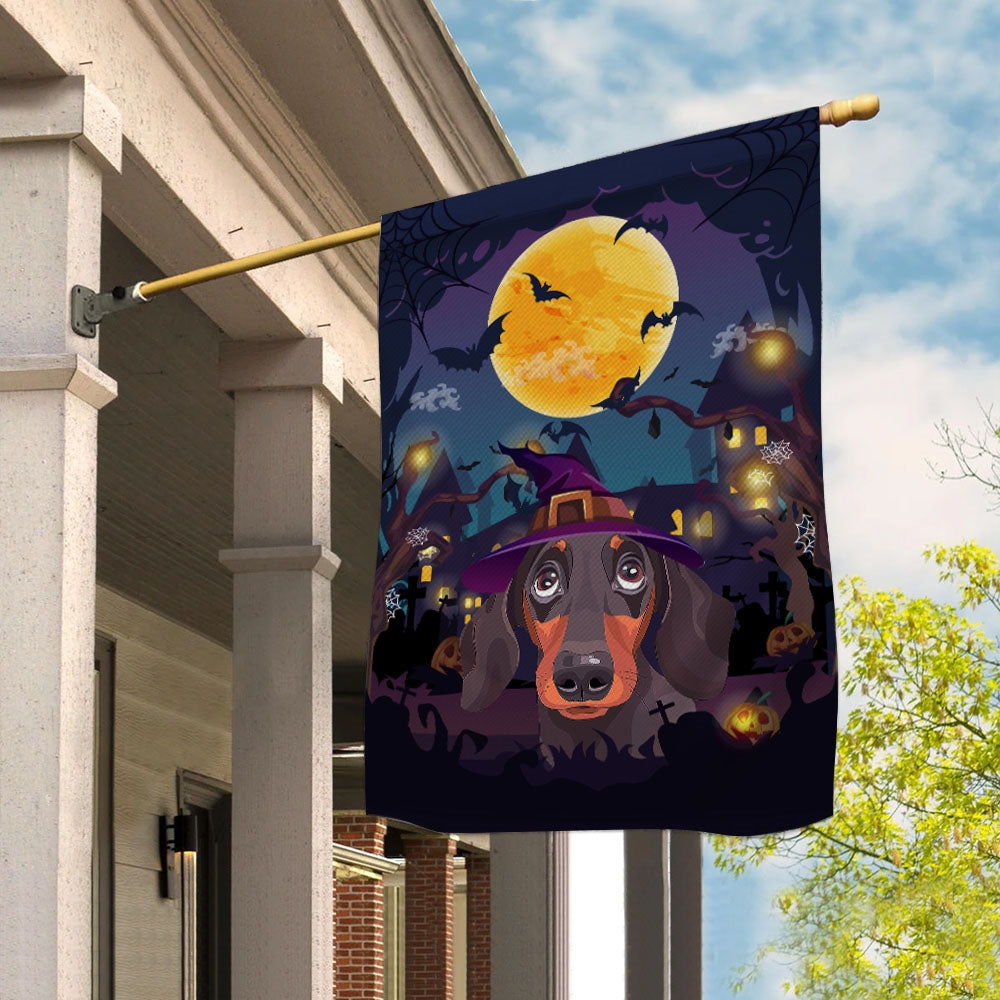 Dachshund Witch Halloween Flag Castle Background For Dog Lover Home Flag | Teecentury.com