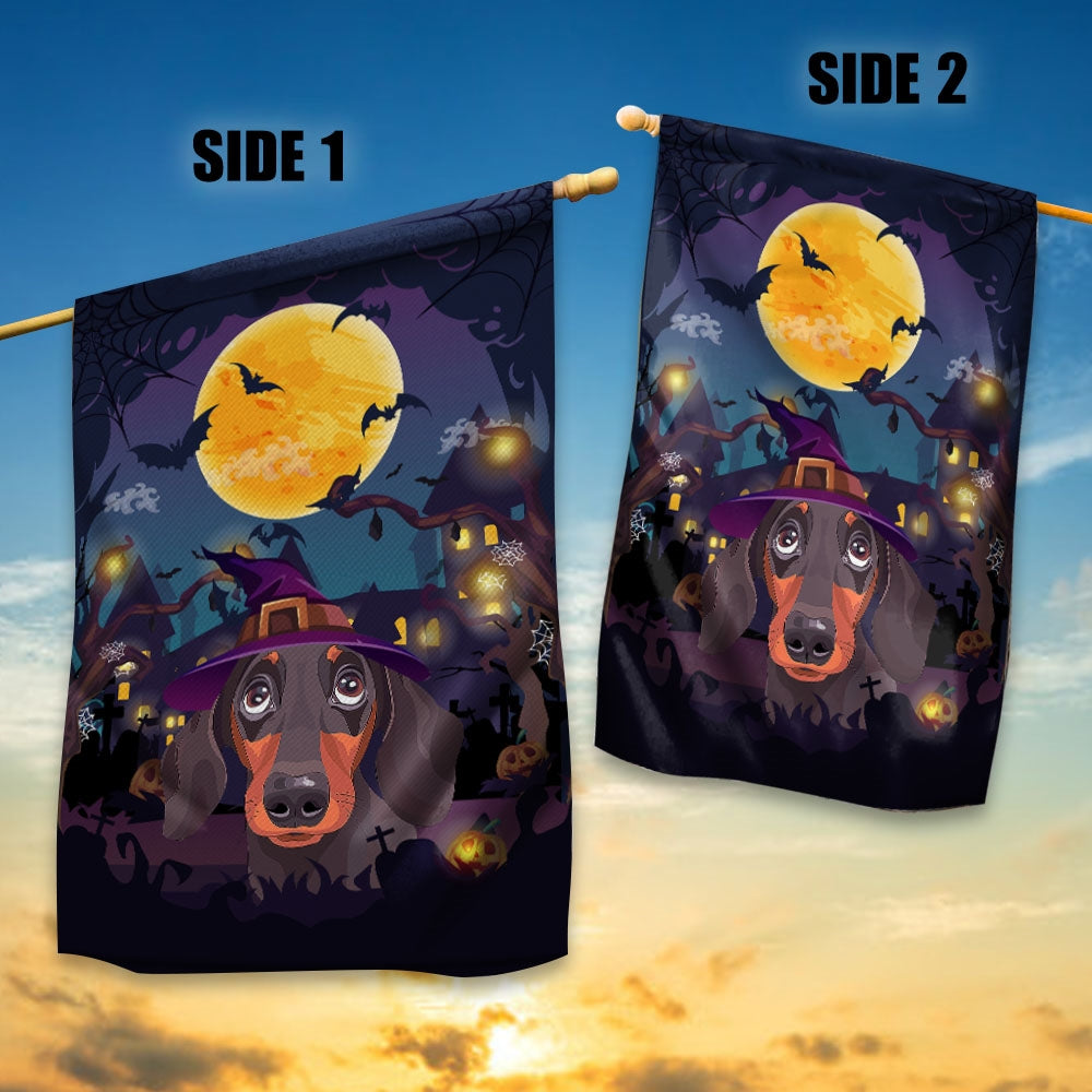 Dachshund Witch Halloween Flag Castle Background For Dog Lover Home Flag | Teecentury.com