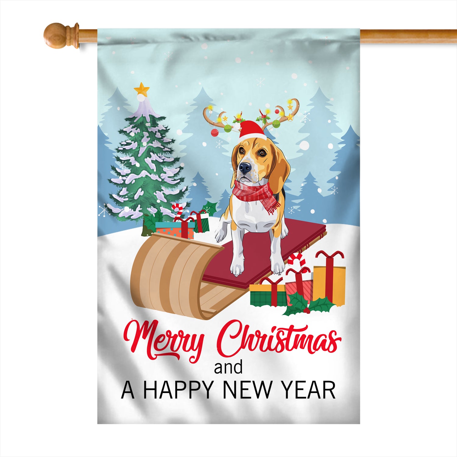 Dog Beagle Christmas Flag Merry Christmas and Happy New Year Welcome Gift for Dog Lovers Flag | Teecentury.com