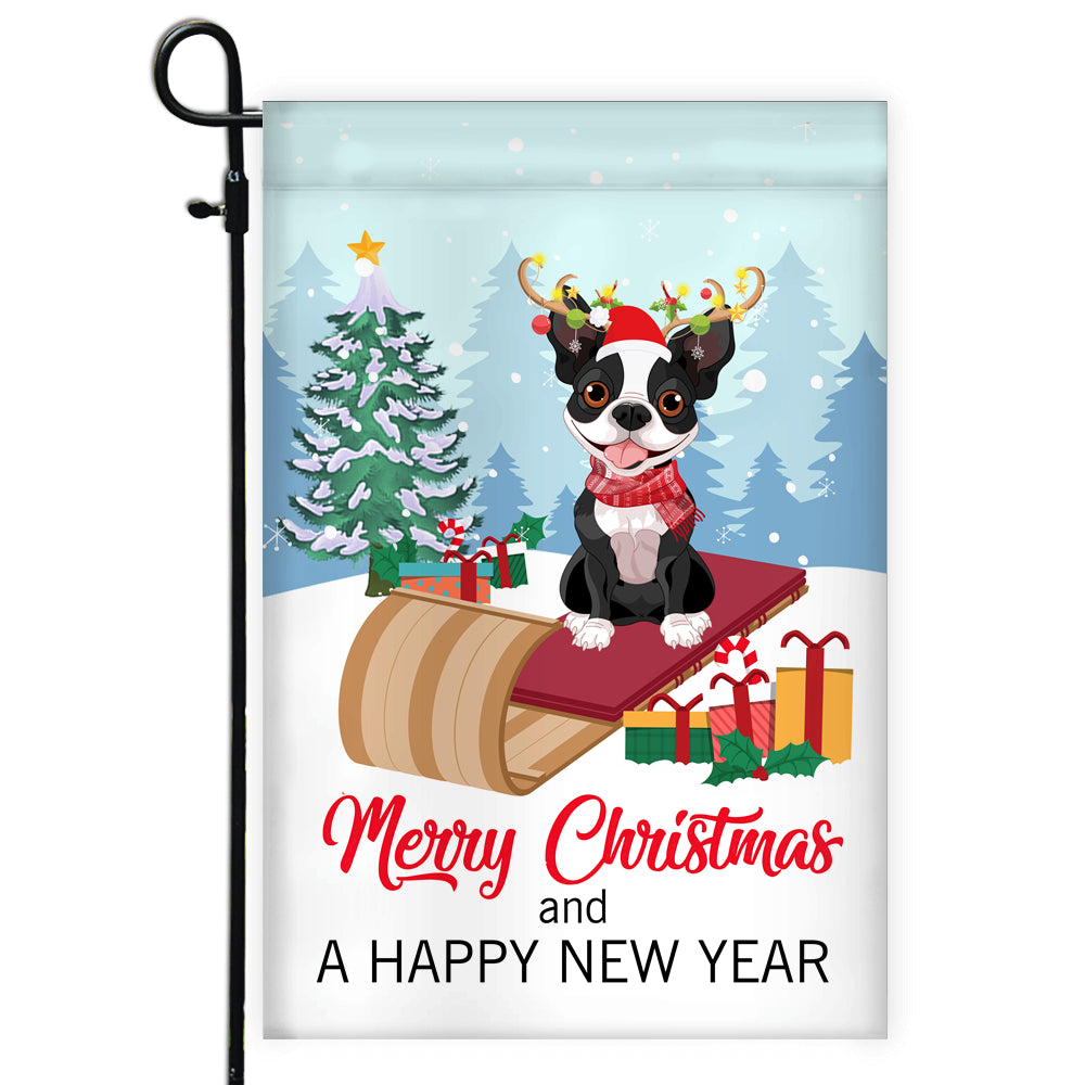 Dog Boston Terrier Christmas Flag Merry Christmas and Happy New Year Welcome Gift for Dog Lovers Flag | Teecentury.com