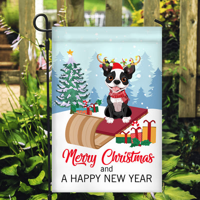 Dog Boston Terrier Christmas Flag Merry Christmas and Happy New Year Welcome Gift for Dog Lovers Flag | Teecentury.com
